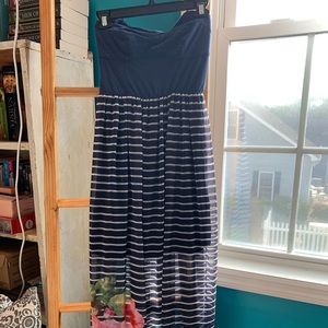 Navy Summer Hawaiian Strapless Maxi Dress